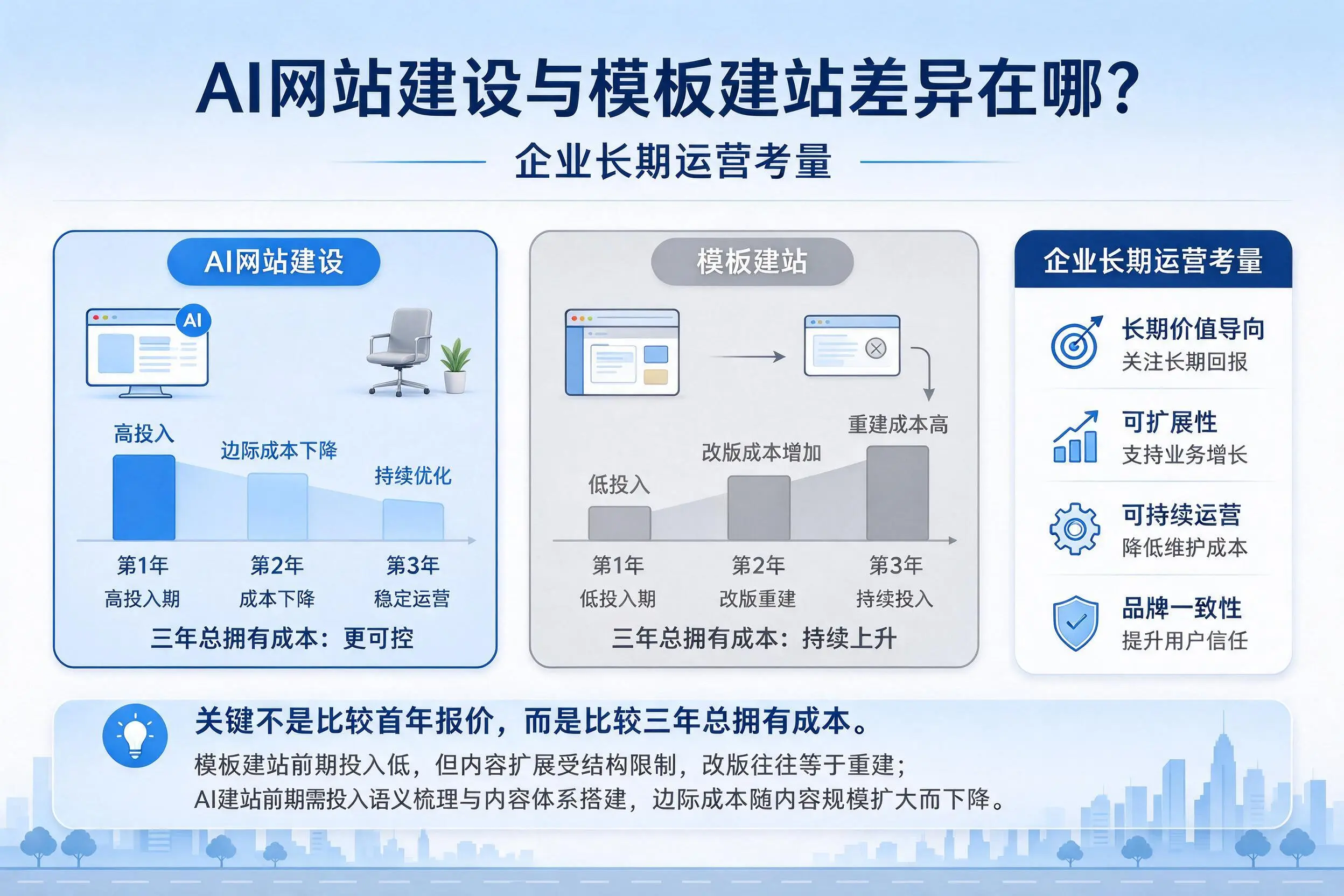 AI网站建设与模板建站差异在哪?烟台企业长期运营考量