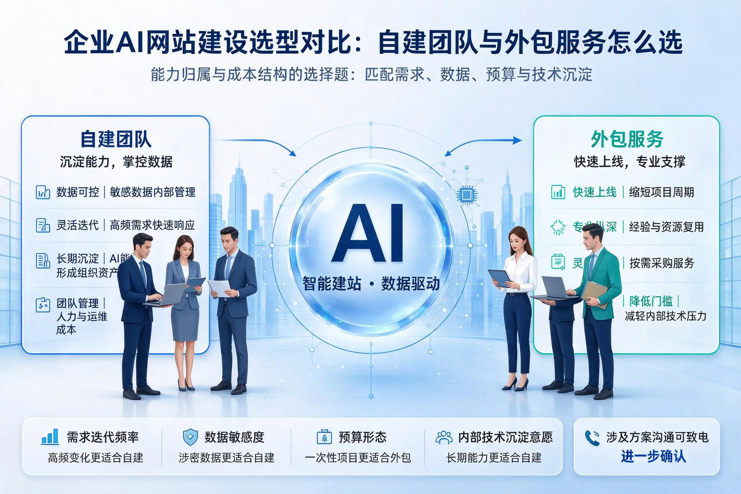 烟台企业AI网站建设选型对比：自建团队与外包服务怎么选